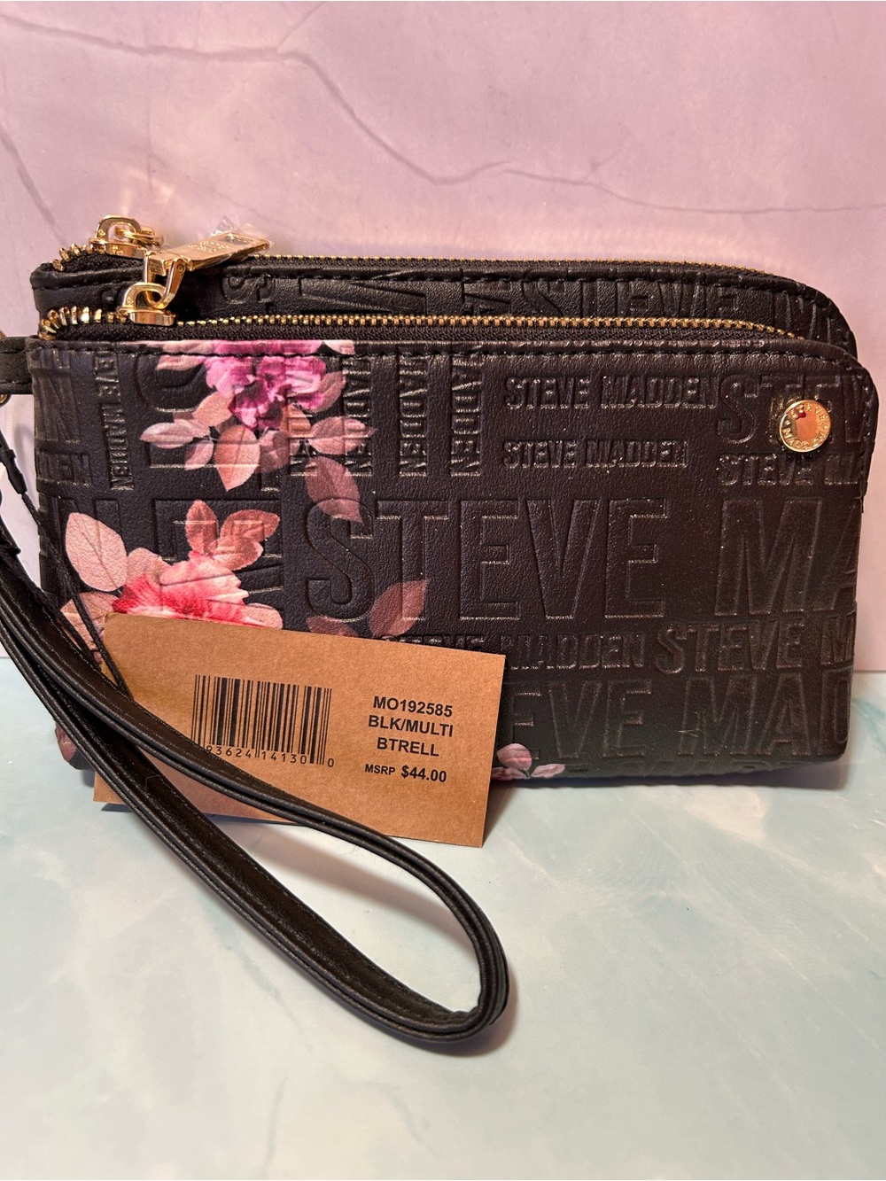 Steve Madden Black Wristlet with Pink Floral Print